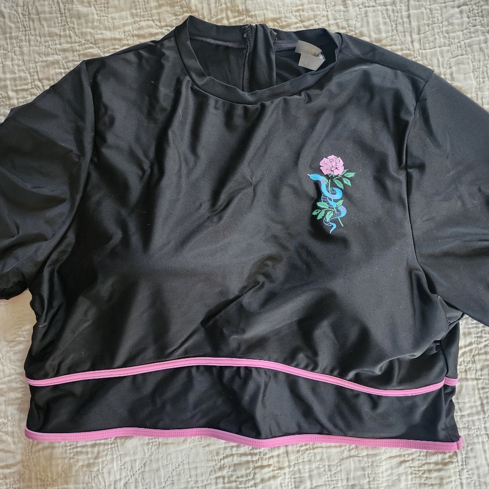 Torrid Black Swim Rashguard with Rose Snake Design